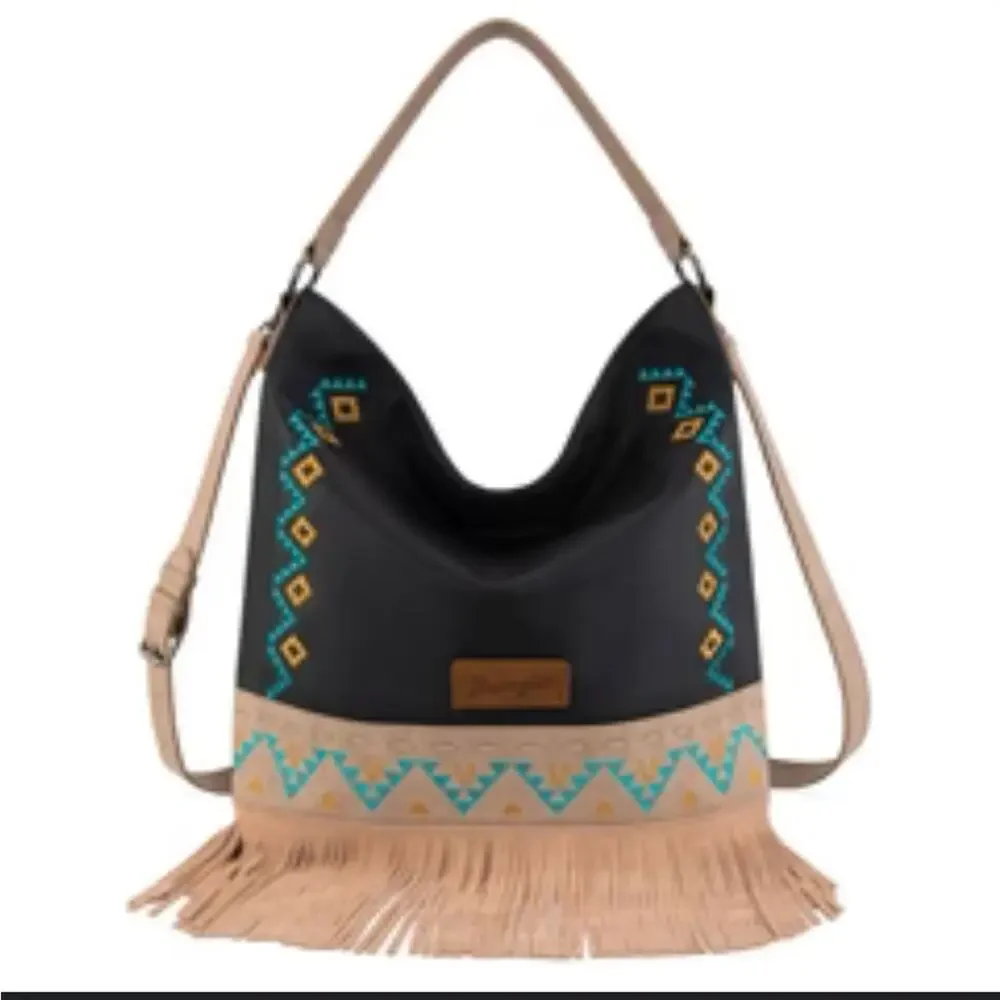 Wrangler Western Fringe Hobo Bag Black Tan Aztec Crossbody NWT Boho Cowgirl